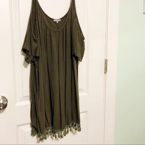 flowy, olive-green, cold shoulder dress